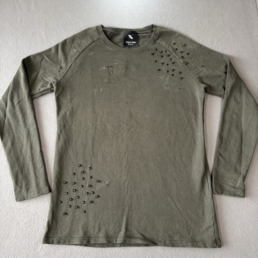 Xagon Man Distressed Studded‎ Sweatshirt Mens XXL Olive Green Italy Grunge Punk